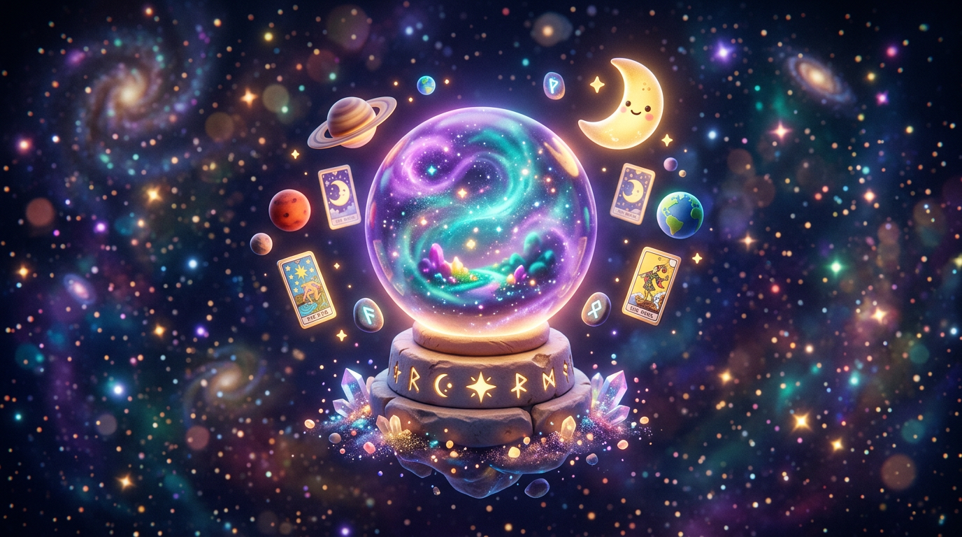 Escena cósmica estilo Pixar con bola de cristal, planetas, cartas y runas