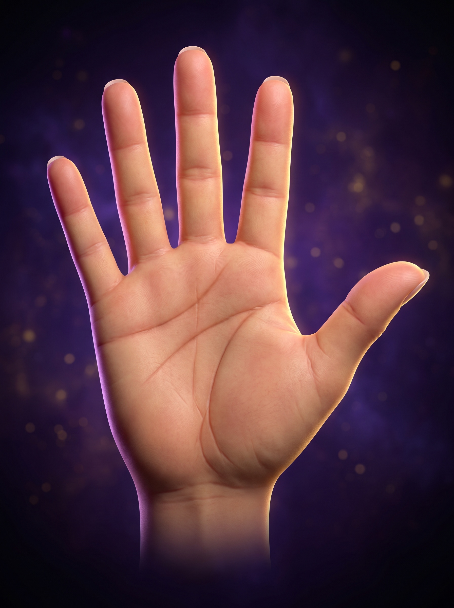 Render 3D profesional de una palma izquierda abierta, con las líneas de la vida, la cabeza, el corazón y el destino señaladas